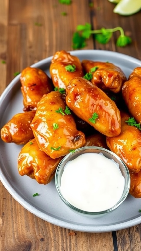 Crispy air fryer chicken wings garnished with parsley and served with ranch dressing.